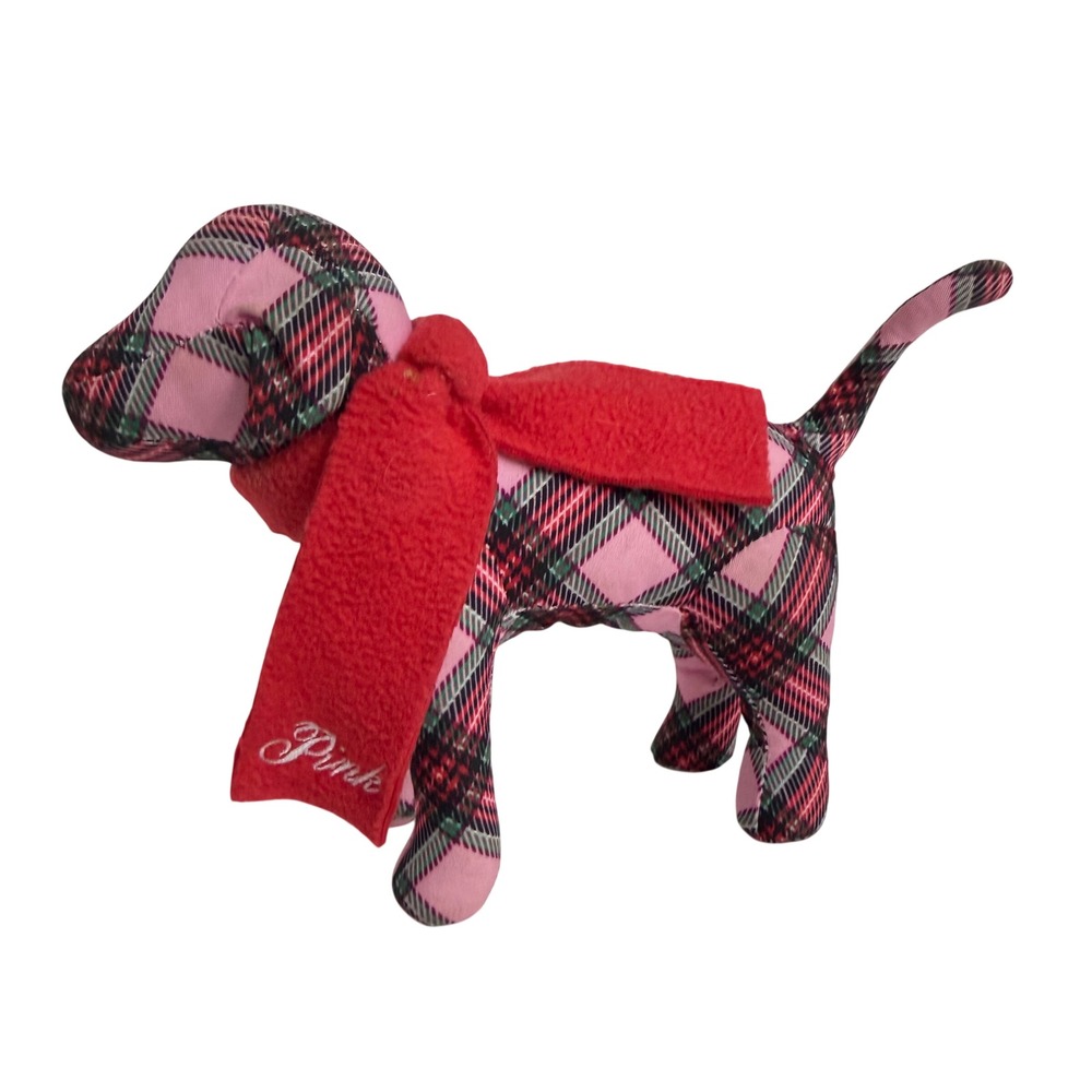 Victoria's Secret PINK Plush Dog Toy Pink Red Plaid Holiday Scarf Mascot Collect